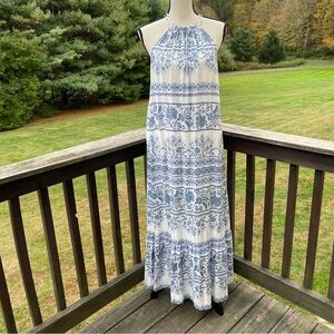 LOFT maxi dress sundress high neck sleeveless resort wear vacation floral blue